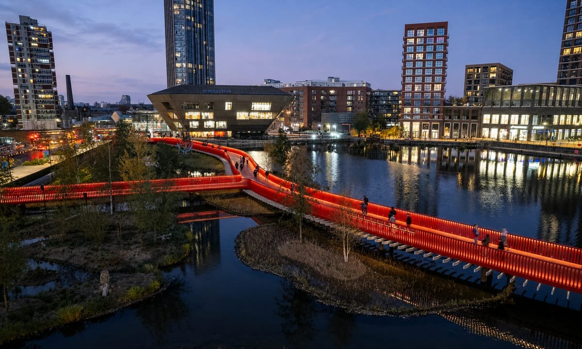 Riverside 1BR — Canada Water footbridge at dusk