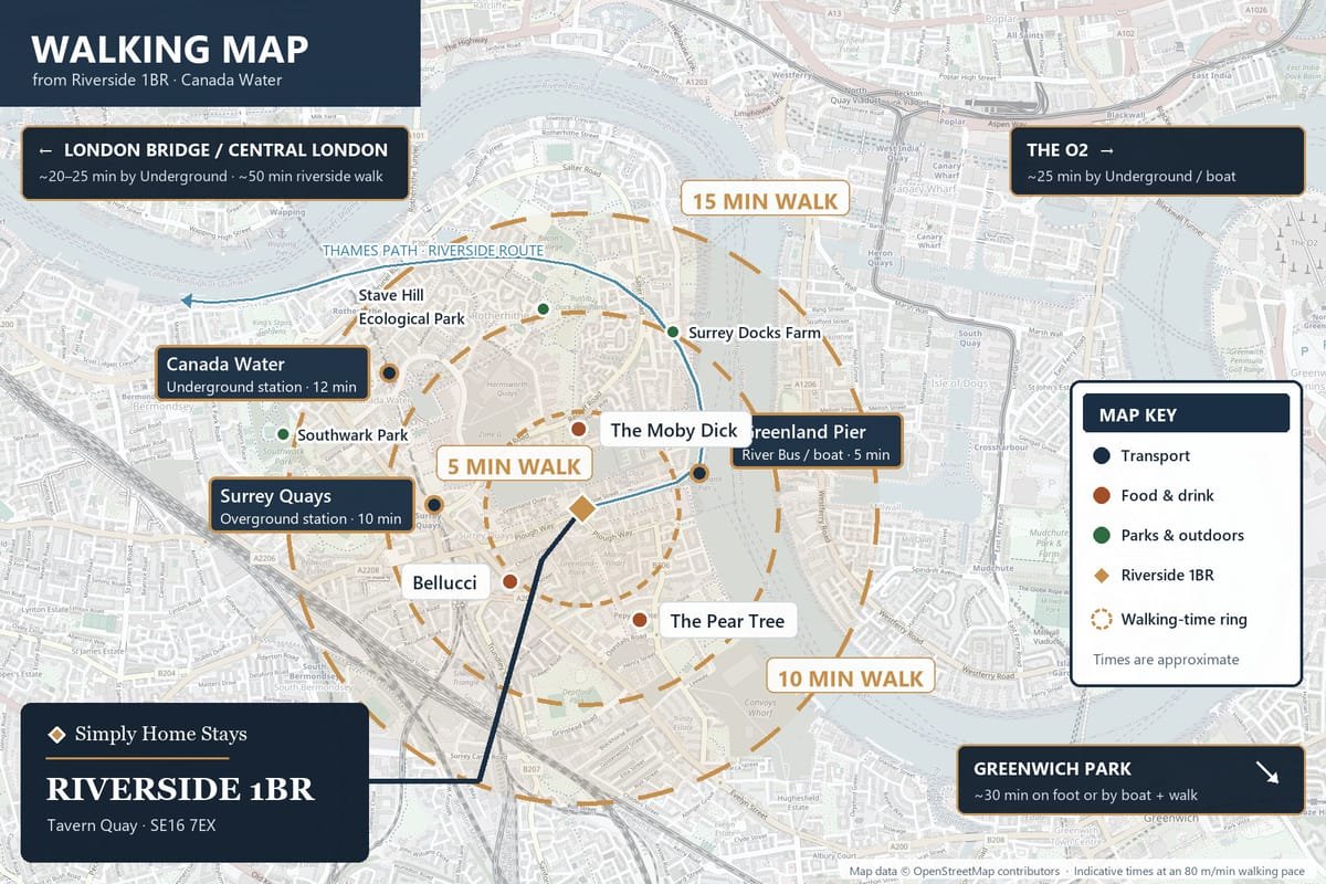 Riverside 1BR — walking map of the area